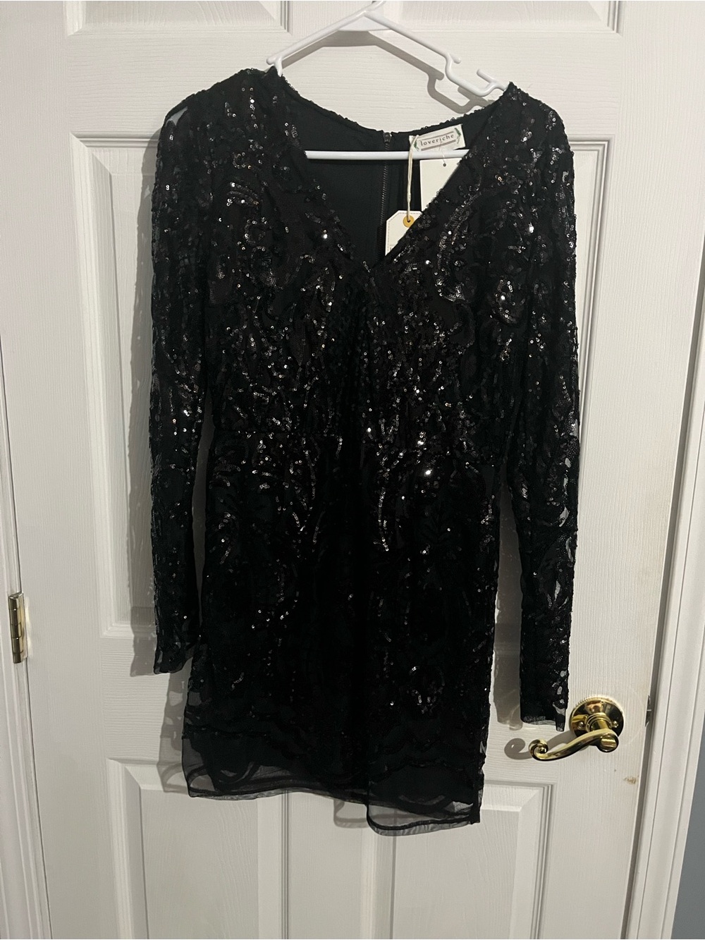 Love Riche Black Sequin Long Sleeve V-Neck Dress